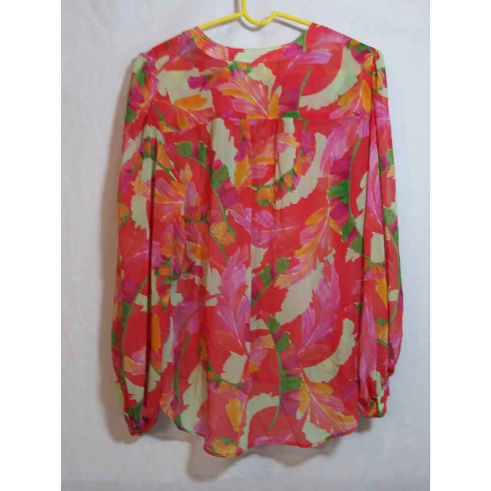 Chico's Vibrant Tropical Pink Floral Long-Sleeve Button Front Sheer Blouse Sz 12 - Picture 7 of 7